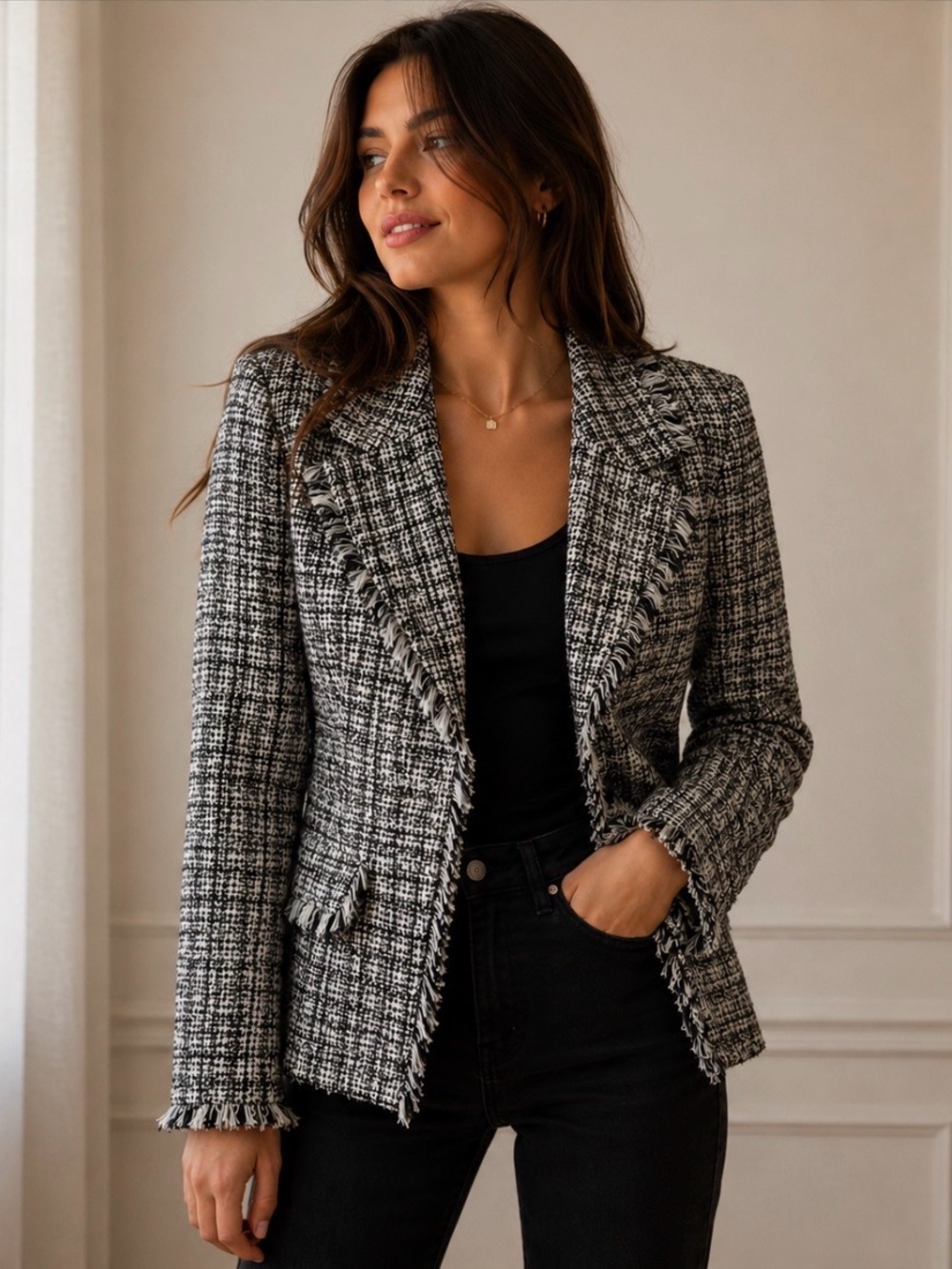 Folio New York Wool Blend Tweed Blazer M Black White Fringe Italian Fabric